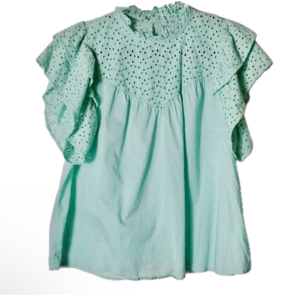 NWT A New Day Mint Green Eyelet Ruffle Sleeve Blouse Top X-Large